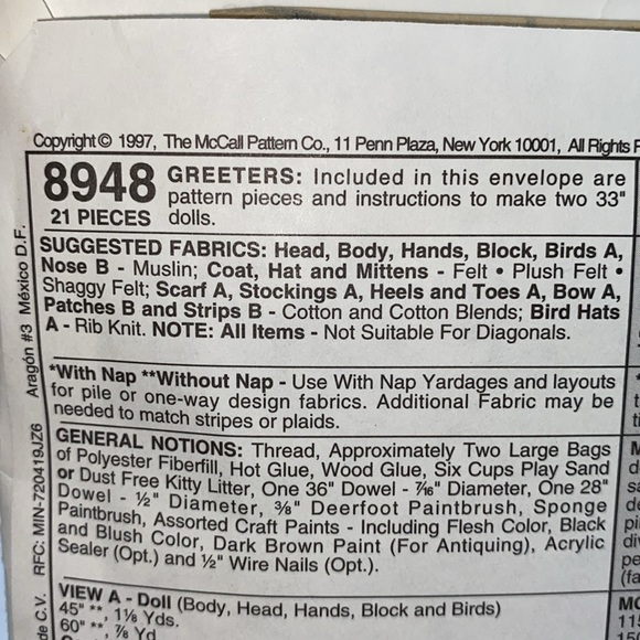 McCall’s Crafts 8948 Plum Creek Collectibles Greeters Patterns to Make 33” Dolls - Picture 3 of 9